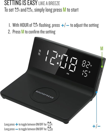 Soundfreaq Charge Rise II, SFQ-20: Digital Alarm Clock, with Dual Alarms, Fast USB Charger and Wireless Charger (Black)