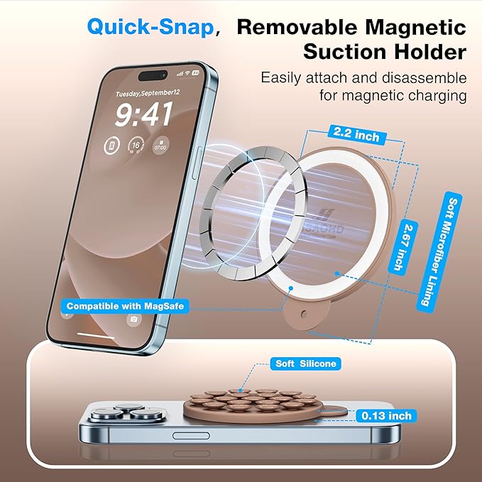 Magnetic Suction Cup Phone Mount for MagSafe Case, Silicone Hands-Free Phone Grip Holder for iPhone and Android, Mirror Shower Phone Stand for Makeup FaceTime Gym Kitchen Bathroom, Light Brown