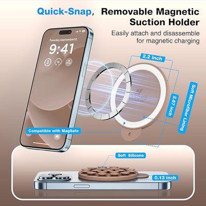 Magnetic Suction Cup Phone Mount for MagSafe Case, Silicone Hands-Free Phone Grip Holder for iPhone and Android, Mirror Shower Phone Stand for Makeup FaceTime Gym Kitchen Bathroom, Light Brown