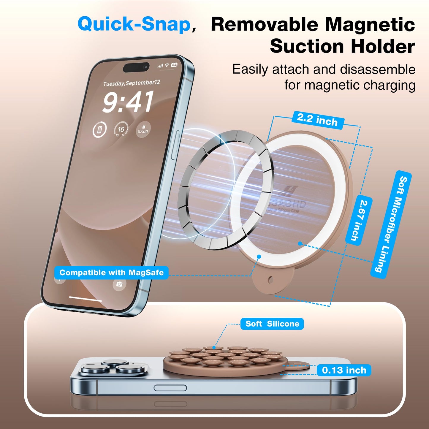 HSAOHD Magnetic Suction Cup Phone Mount with MagSafe, Silicone Hands-Free Grip Holder for iPhone Case and Android, Mirror Shower Phone Stand for Makeup FaceTime Gym Kitchen Bathroom, Light Brown