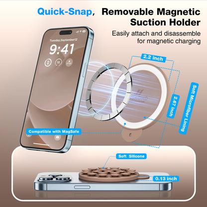 HSAOHD Magnetic Suction Cup Phone Mount with MagSafe, Silicone Hands-Free Grip Holder for iPhone Case and Android, Mirror Shower Phone Stand for Makeup FaceTime Gym Kitchen Bathroom, Light Brown