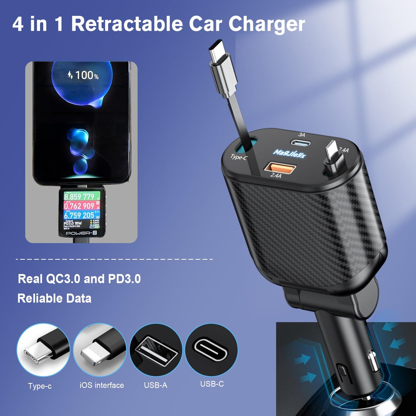 MAGJIEYX Retractable Car Charger, Fast Charging Adapter 62W Type-C/USB-i Cables and USB C/USB A QC & PD Ports for iPhone 17/16/15/14/13/12Pro Max Plus,iPad,AirPods, Galaxy