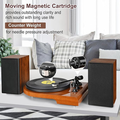 Vinyl Record Player with Bluetooth Input Output,Turntable with Built-in Preamp,USB Recording,Speed Adjustment,Counterweight and Moving Magnet Stylus,Upgraded Single-Platter Design (No Sub-Platter)