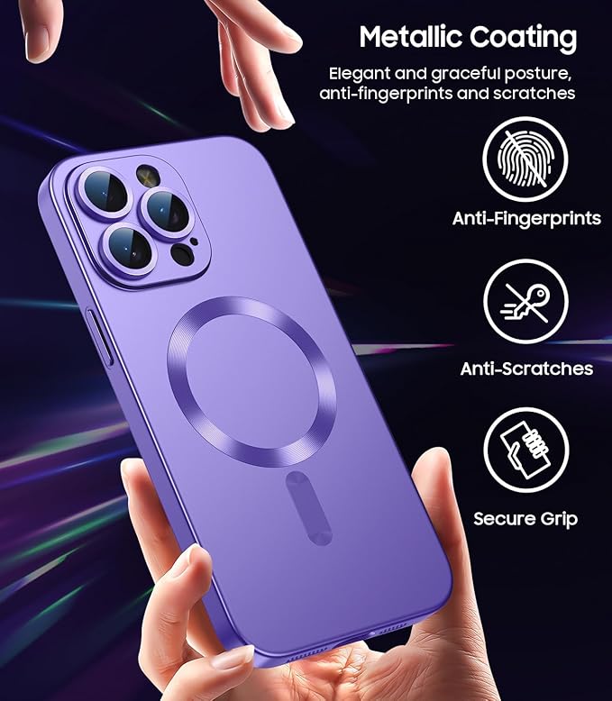 Magnetic for iPhone 15 Pro Max Case [Compatible with MagSafe][Built-in Camera Lens Protector] Slim Soft Silicone Bumper Shockproof Metallic Luster Phone Case (Purple)