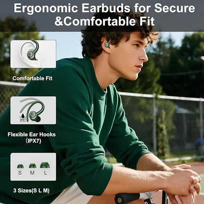 Wireless Earbuds Bluetooth 5.3 Headphones Sports, 48Hrs Playtime Bluetooth Earbuds with CVC 8.0 Mic, Stereo Bass Over Ear Bud with Earhooks, LED Display, IP7 Waterproof Earphon for Running Green