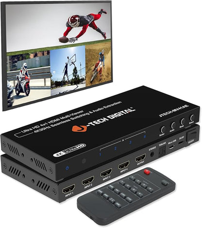 J-Tech Digital 4K HDMI Multiviewer Switch 4 in 1 Out, 4x1 4K 30Hz HDMI Quad Multiviewer Seamless Switcher with PiP, 6 Viewing Modes, Audio Extraction via Optical 3.5mm (JTECH-MV41AE)
