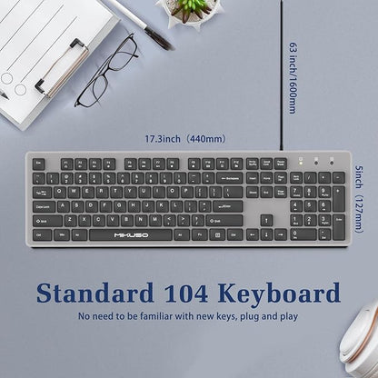 Wired Computers Keyboard with Cover Comfortable Hand Feel,Laser Engraved Characters,12 Multimedia Keys USB Interface Suitable for Laptop PC,Full Size 104 Keyboards, Plug and Play, Office