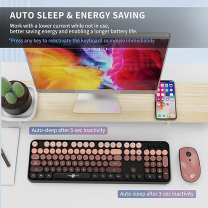 Wireless Keyboard and Mouse Combo, 104 Round Keys Cute Colorful Keyboard and Mouse with Retro Typewriter for PC/Mac/Laptop/Tablet/Computer/Windows Black