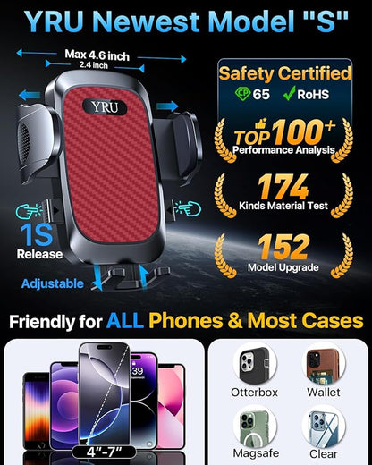 YRU [2025 Ultimate Car Phone Holder [Bendable & Adjustable Aluminum Arm] Cell Phone Automobile Cradles Dashboard Windshield Pickup Truck Phone Mount for iPhone 16 15 14 13 Pro Max Samsung,Tomato Red