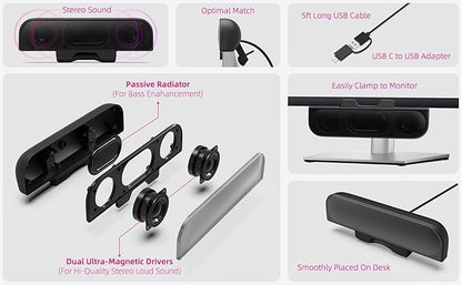 Computer Speakers for Desktop PC, Monitor Speakers, USB Plug-in, Wired, External Speaker for Laptop, Small Computer Soundbar for PC, with Loud Sound, Deep Bass, USB-C Adapter, Easily Clamp to Monitor