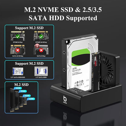 M.2 NVMe & SATA HDD Docking Station,10Gbps USB3.2 Gen2 SSD Cloner for M.2 NVMe SSD + SATA 2.5”/3.5” HDD Converter, Offline Cloning, Tool-Free, Cooling Fan