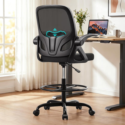 Kensaker Drafting Chair Tall Office Chair, Ergonomic Standing Desk Chair with Adjustable Foot Ring and Flip-up Armrests, Mesh Computer Chair for Art Studio, 300 LBS, Black