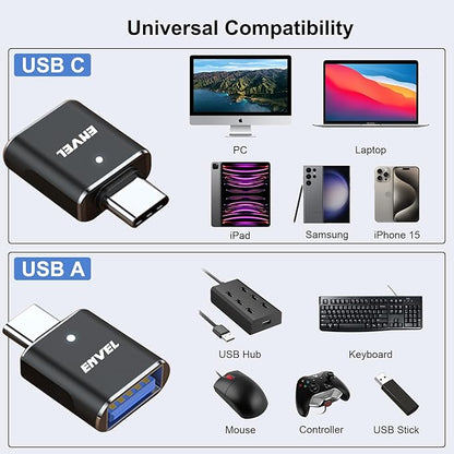 ENVEL USB to USB C Adapter, USB3 5Gbps High Speed Data Transfer, OTG Converter Thunderbolt3 to USB Female Compatible with Apple iWatch iPhone 15 Pro Max iPad Air 4 5 Mini 6 (Black, USB A/C Male)