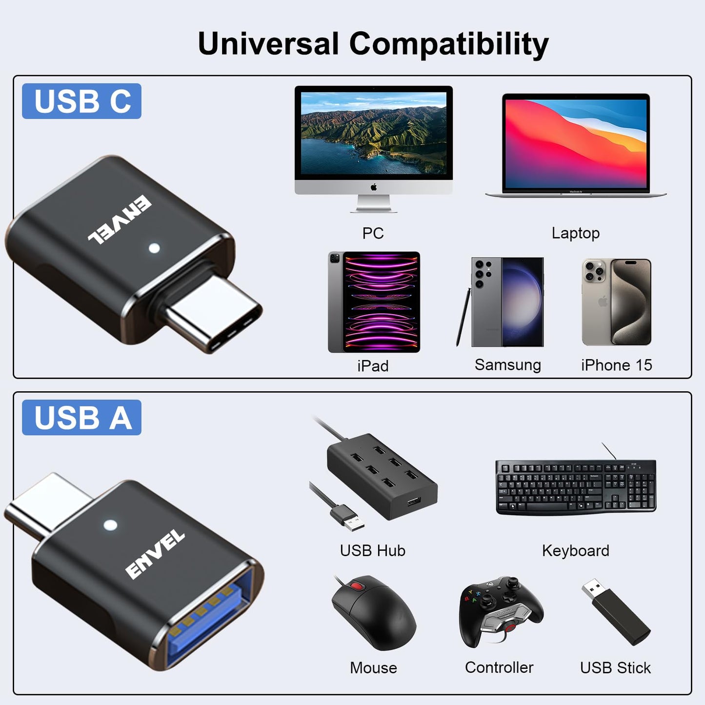 ENVEL 𝟒𝐏𝐚𝐜𝐤 𝐔𝐩𝐠𝐫𝐚𝐝𝐞𝐝 USB C to USB Adapter, 10 Gbps Type-C Male to USB3 Female OTG Converter, Compatible with Apple iWatch iPhone 17 16 15 Galaxy S24 iPad Air 4 5 Mini 6