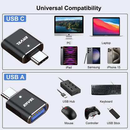 ENVEL 𝟒𝐏𝐚𝐜𝐤 𝐔𝐩𝐠𝐫𝐚𝐝𝐞𝐝 USB C to USB Adapter, 10 Gbps Type-C Male to USB3 Female OTG Converter, Compatible with Apple iWatch iPhone 17 16 15 Galaxy S24 iPad Air 4 5 Mini 6
