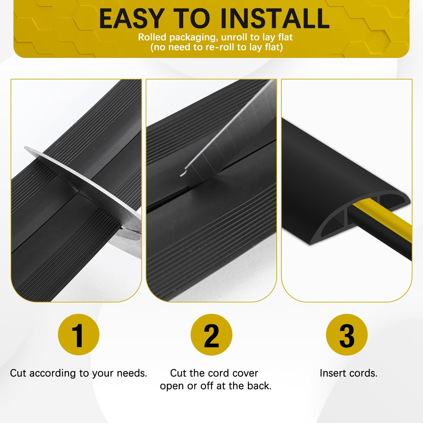 JAHOMFAI Floor Cord Cover 3.3FT Cord Covers for Wires on Floor Protect Wires & Prevent Trip Hazards, Easy to Cut for Home, Office, School, Concerts, Cavity W0.6in x H0.32in