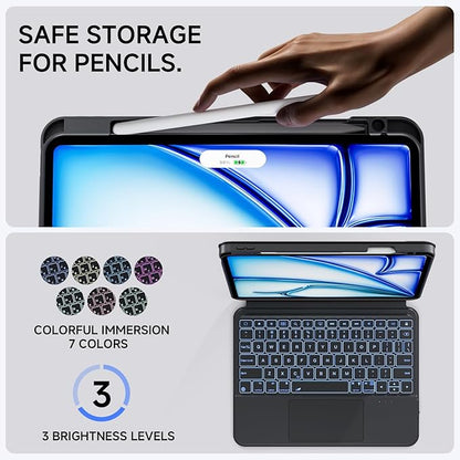 ONLY fit for 2024 M4 iPad Pro 11 inch Case with Keyboard Detachable Magic Keyboard Trackpad, 360 Rotating Cover with Pencil Holder Multi Angle Stand, 12 Shortcut Key, 7 Color Backlit, Black