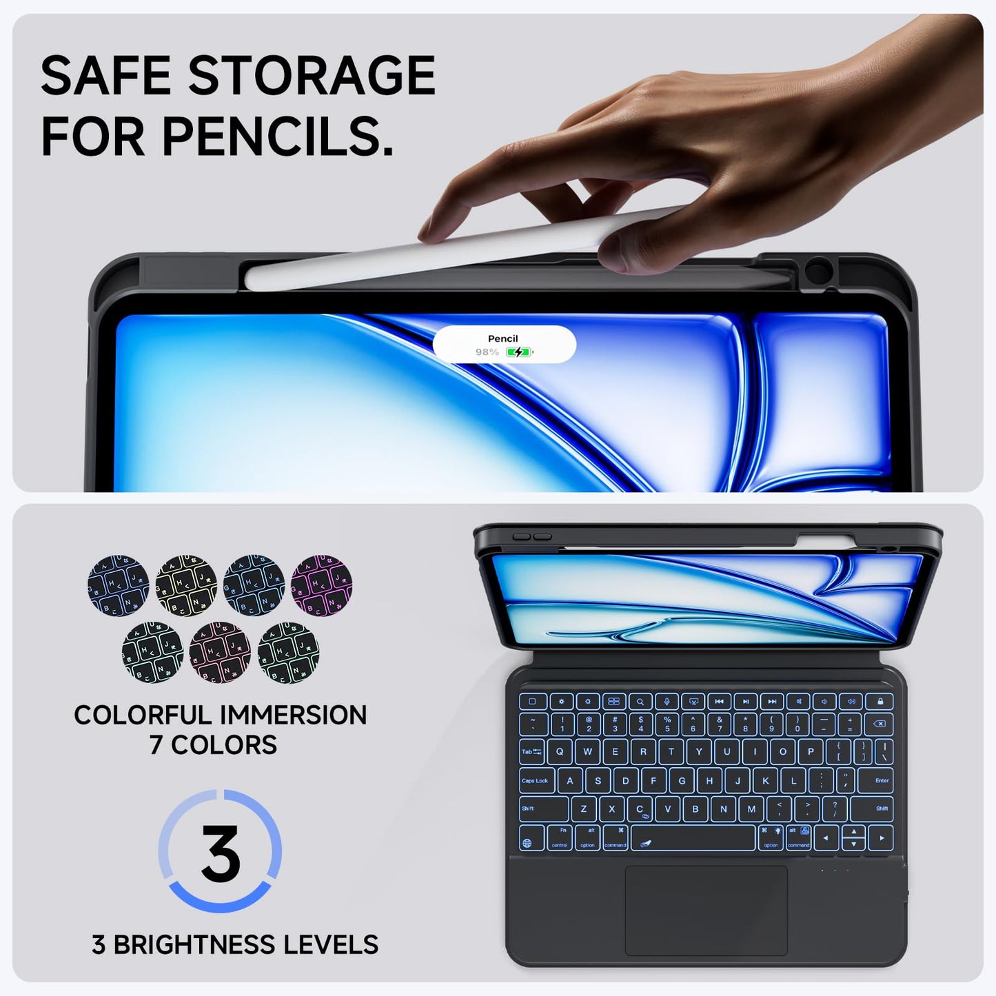 Tiaota for iPad Pro 11-inch (M4, 2024) Keyboard Case with Multi-Touch Trackpad, 360° Rotating Magnetic Stand, Detachable Protective Cover, Portrait & Raised Modes, 7-Color Backlight – Black