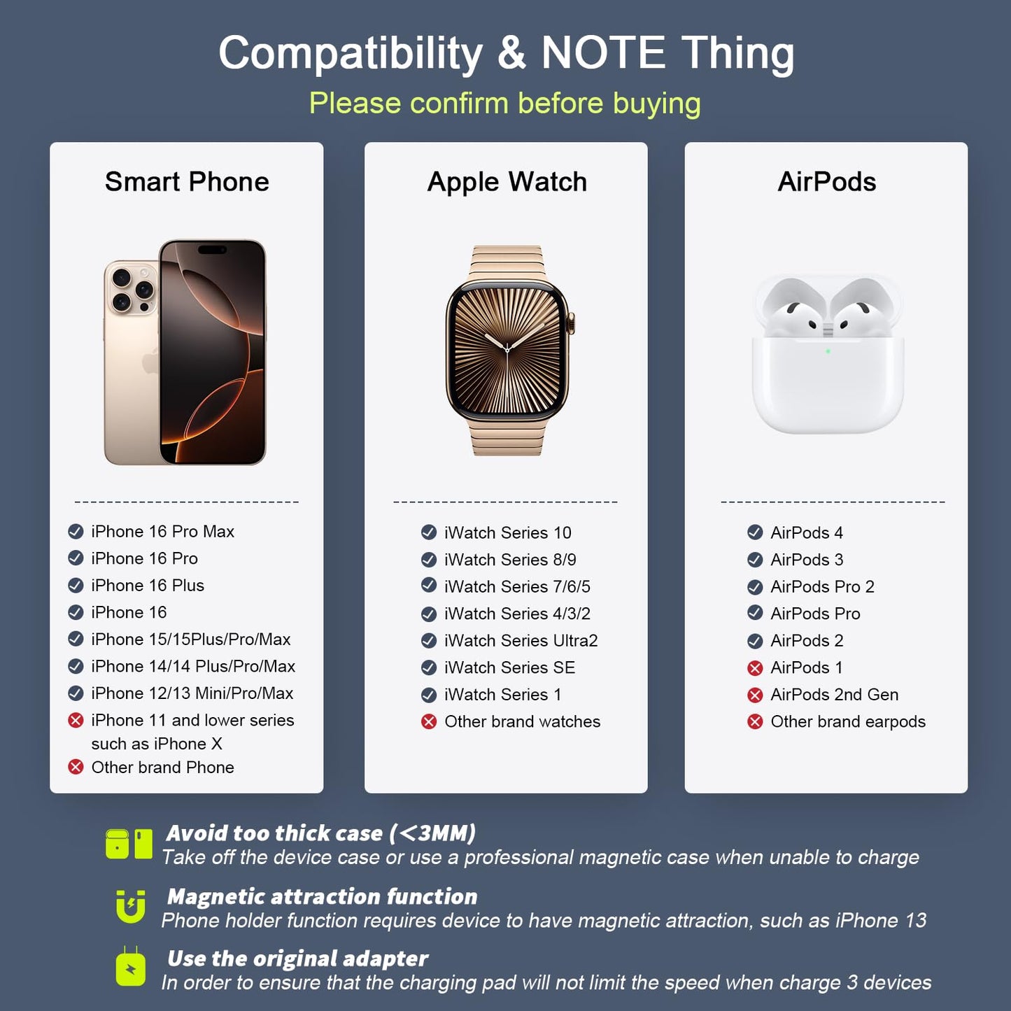 Wireless Charger 3 in 1,RTOPS Magnetic Traval Wireless Charging Station Multiple Devices,GaN 3 in 1 Charging Station,Compatible iphone17/16/15/14/13/Pro/Max,iWatch,AirPods4/3/2/Pro(Adapter Includes)