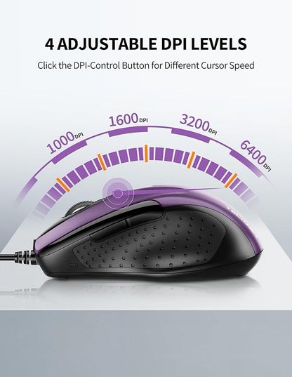 TECKNET USB Wired 6-Button Mouse With 4 Adjustable DPI, Optical Computer With Ergonomic Design and 5FT Cord for Laptop, Chromebook, PC, Desktop, Mac, Notebook - Purple