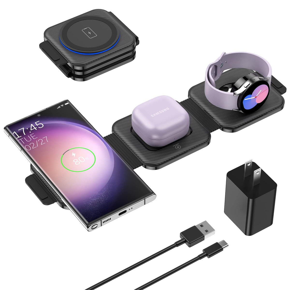 Travel Charger for Samsung Multi Devices, Foldable 3 in 1 Wireless Charging Station Fast Charging Stand/Pad Compatible for Samsung Galaxy S26/S25/S24/S23/Note20 Galaxy Watch8/7/6/Galaxy Buds4(Pink