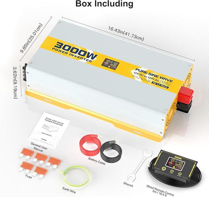 XWJNE 3000W Pure Sine Wave Power Inverter 12V DC to 120V GFCI AC Converter with LCD Display and Remote for Home, RV, Truck, Off-Grid Solar Power
