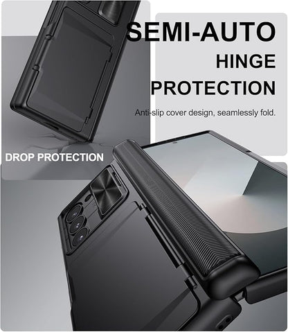 for Samsung Galaxy Z Fold 6 Case with Card Holder & Slide Camera Cover, Built-in Screen Protector & Hinge Protection, Shockproof Durable Wallet Phone Cover Case for Galaxy Z Fold 6 2024, Black