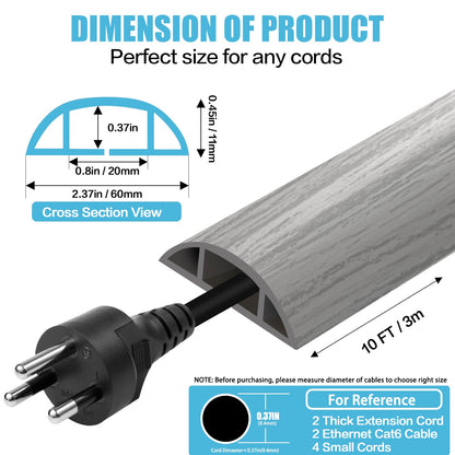 Floor Cord Cover Cavity 0.8"x0.37" Self Adhesive Cord Hider, 10FT Low Profile Cable Management, Extension Strip Protector for Wires, Prevent Cable Trips for Offices, Gyms, Exhibitions (Gray Wood)