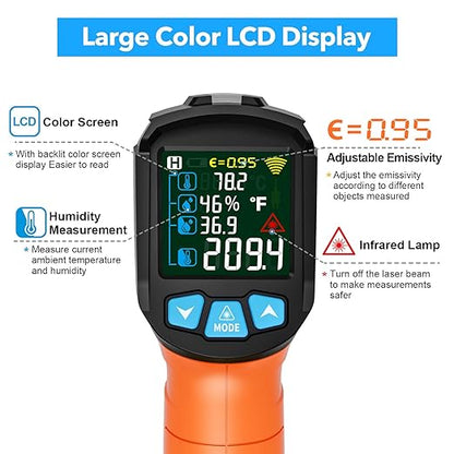Infrared Thermometer Gun, TEMIRUP Digital Laser Temperature Gun, -58°F to 1472°F, Non Contact IR Temp Gun with Color LCD for Industrial, Cooking, Griddle, Engine, HVAC,Adjustable Emissivity & Humidity