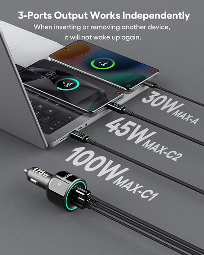 WOTOBEUS 175W Car Charger Dual USB C Adapter: PD 100W & PPS 45W - Super Fast Charging for iPhone 15/14 Max, MacBook Air, iPad Pro, Samsung Galaxy S24/S23 Ultra, Pixel & More Type C Laptops, Grey