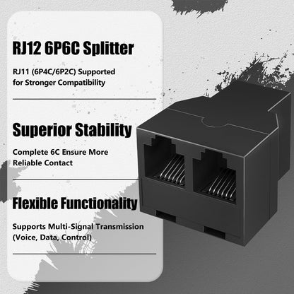 Uvital Phone Jack Splitter-1 Female to 2 Female, RJ12 6P6C, Black 10 Pack
