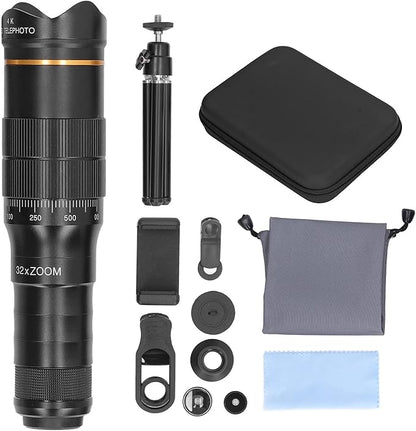 Portable 32X Phone Camera Lens HD Zoom Lens Clip On, Double Adjustment Eyepiece System, Large Aperture Objective Lens, Multiple Use Modes, Widely Applicable for Photo Video