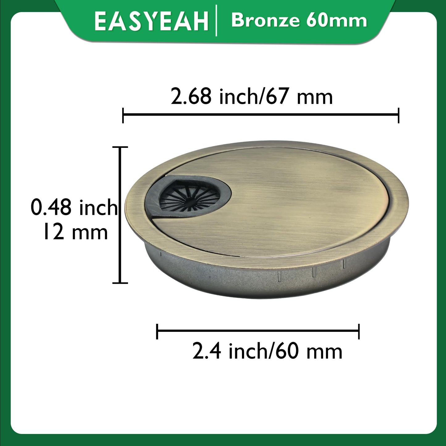 EASYEAH 1 Pcs Desk Grommet 2-3/8" / 60 mm, Desk Cord Hole Cover, Cable Grommet Metal Zinc Alloy Materilal, Desk Hole Grommet for Home & Office Pc, Detachable Cable Cord Organizer-Bronze