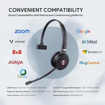 Yealink WH62 DECT Mono Teams Wireless Headset, 525 ft Range Work Headphone with 2X Noise Canceling Mic for IP Phone and Computer, Single Ear Headset with Call Control, Ringer,13H Talk Time