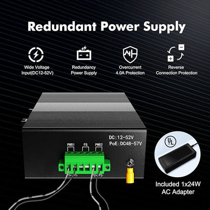 MokerLink 5 Port Industrial DIN-Rail Network Switch, 4 Gigabit Ethernet, 1 SFP, 14Gbps Switching Capacity, IP40 Rated (-40 to 185F), With UL Power Supply