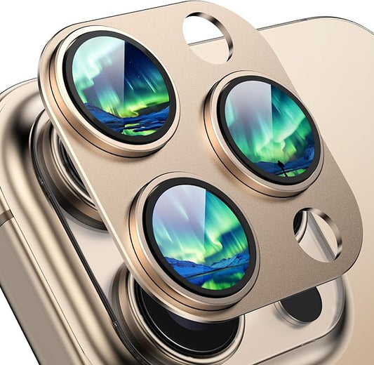HelloDeere Compatible with iPhone 16 Pro Camera Lens Protector,[AR Anti-Reflection][Strong Adsorption][Shatterproof] 9H Metal Tempered Glass Re-AR Full Coverage Camera Screen Cover,Gold