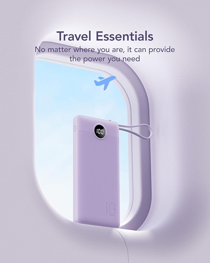 VRURC Portable Charger Power Bank, 10000mAh Travel Essentials Battery Pack, 5 Outputs 2 Inputs Slim Charging Bank Built-in Cables Cords Wires Compatible with iPhone,Samsung,Android-Lavender(1 Pack)