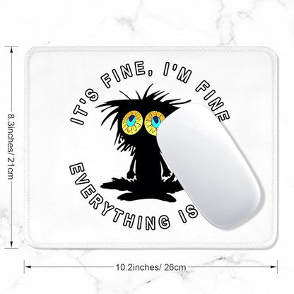 ITNRSIIET Mouse Pad with Stitched Edge Premium Textured Smooth Precise Operation Waterproof Washable Non-Slip Rubber Base Desktop Protection Mat, 10.2×8.3×0.12 inches, Funny Black Cat