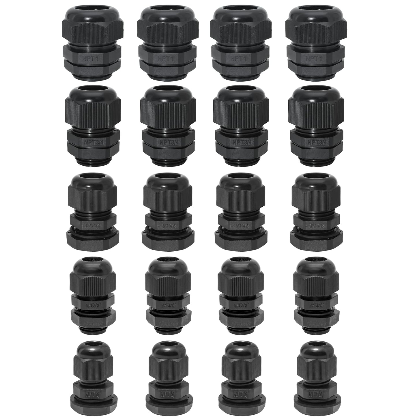 Bonsicoky 20 Pcs Nylon Cable Gland Kit, Black, 1/4" 3/8" 1/2" 3/4" 1"
