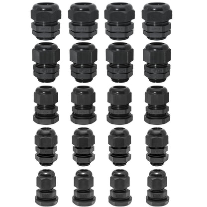 Bonsicoky 20 Pcs Nylon Cable Gland Kit, Black, 1/4" 3/8" 1/2" 3/4" 1"