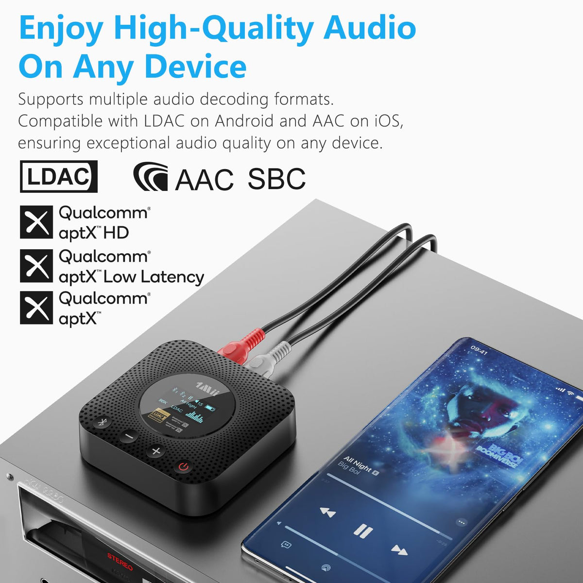 1Mii B06HD+ Hi-Res LDAC Bluetooth 5.3 Receiver for Home Stereo, Hi-Fi Bluetooth Audio Adapter w/Display, Built-in Audiophile DAC, aptX HD Low Latency, RCA Optical Coaxial for Old Stereo Receiver