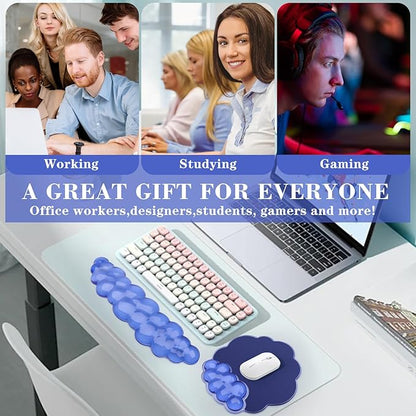 Gel Cloud Keyboard and Mouse Wrist Rest, Cute Wrist Support and Arm Support Rest for Typing Pain Relief，Suitable for Office/Computer/Laptop/Gaming Set-Blue