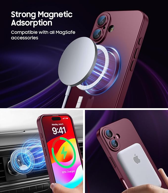 LEKEVO Magnetic for iPhone 16 Plus Case [Compatible with MagSafe][Built-in Camera Lens Protector] Slim Soft Silicone Bumper Shockproof Metallic Luster Phone Case (Burgundy)