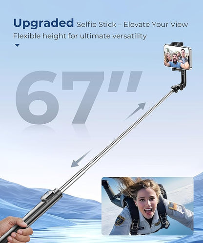 67‘’ Selfie Stick Travel Tripod, Extendable Tripod for iPhone with Wireless Remote Control and Phone Holder, iPhone Stand for Photograph, Compatible with All Cell Phones, Black
