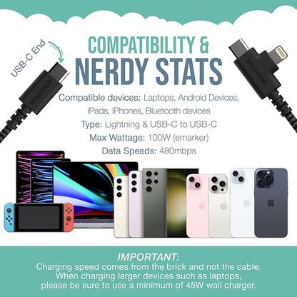 Smartish 2 in 1 USB C to USB C/Lightning Cable - Crown Joule - 6 Ft Fabric Wrapped Fast Charging Cord - for iPhone, Galaxy, Pixel - 100W Dual Fast Charger for Phones/Laptops - No. 2 Pencil Gray