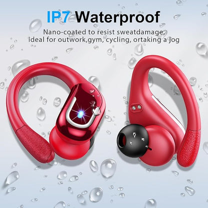 Ltinist Wireless Earbud, Bluetooh 5.4 Headphones Pure Bass Sound with Earhooks, 75H Battery in-Ear Sport Earbud with Dual-LED Display, IP7 Waterproof Earphones Built-in Microphone for Running, Red