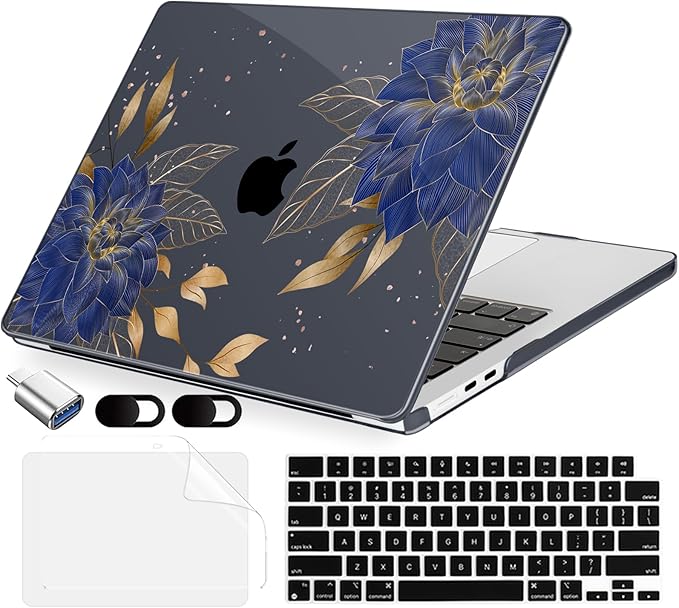 Compatible with MacBook Air 15 inch Case, M4 A3241/M3 A3114/M2 A2941 (Released 2025 to 2023), Hard Shell, Keyboard Cover, Screen Protector, Webcam Cover & Type-C Adapter, Dahlia Flowers