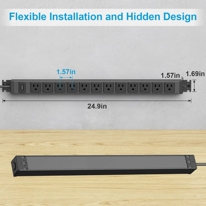 HHSOET 360° Rotating 12 Outlet Mountable Power Strip, Aluminum Alloy Long Power Strip,1200J, Heavy Duty Wall Mount Surge Protector with Switch, 3ft Power Cord