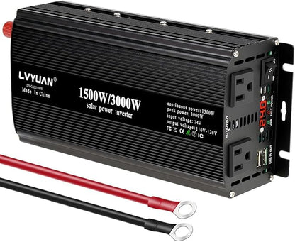 LVYUAN 1500W Power Inverter 24V to 110V DC to AC with 2 US Sockets, LED Display, USB Ports for Home, Truck, Outdoor, Camping