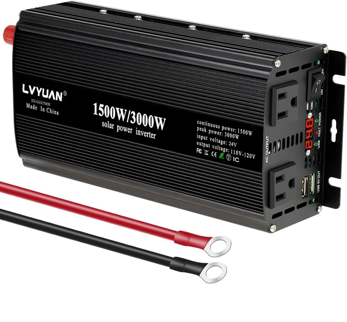 LVYUAN 1500W Power Inverter 24V to 110V DC to AC with 2 US Sockets, LED Display, USB Ports for Home Truck, Outdoor, Camping